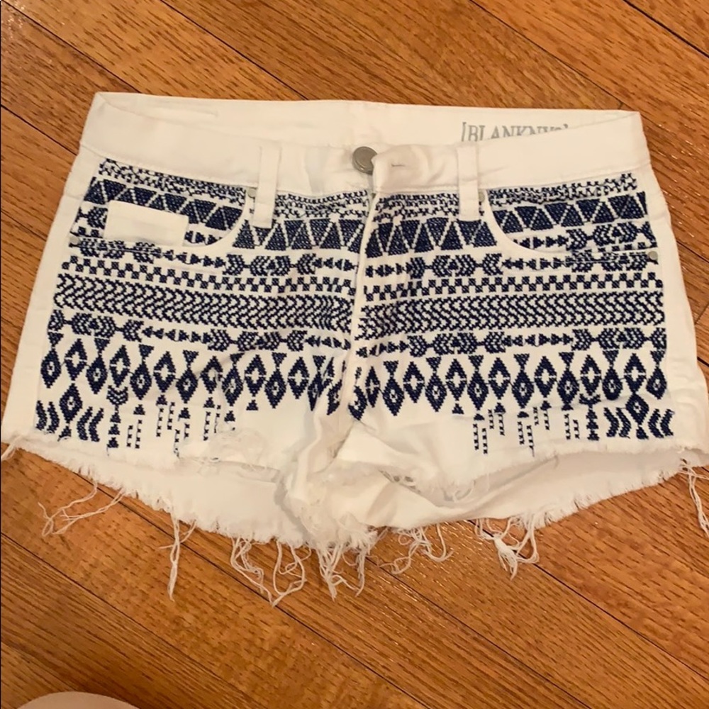White Denim Shorts with Blue Print